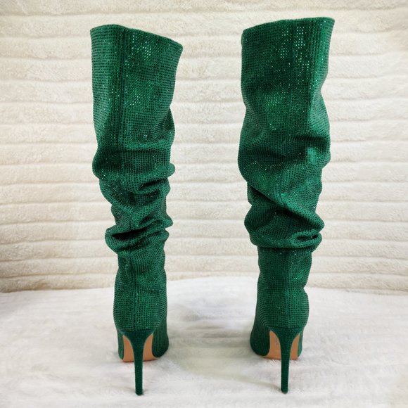 Radiant Emerald Green Rhinestone High Heel Slouch Knee High Boots - Picture 3 of 10